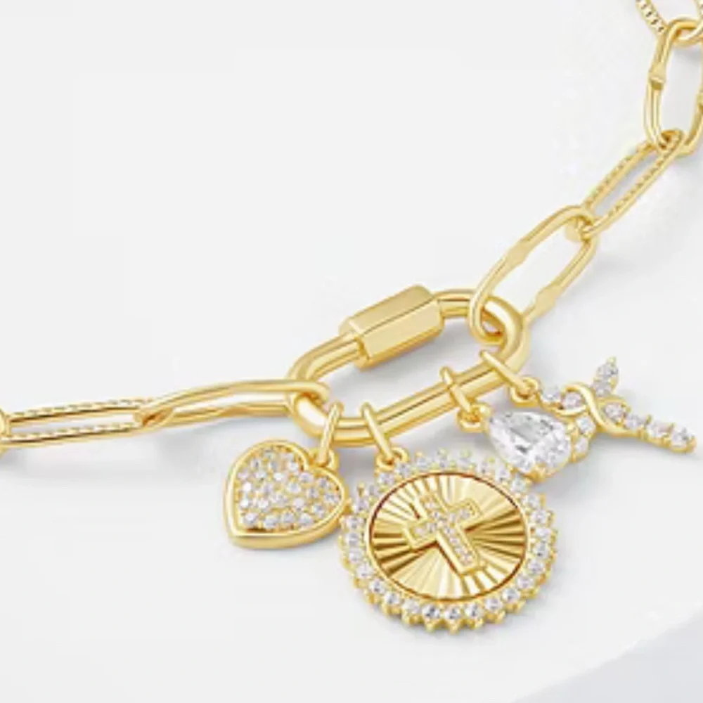 NWT Sparkle Allure CZ 14K Gold Over Brass Cross Heart Charm Bracelet